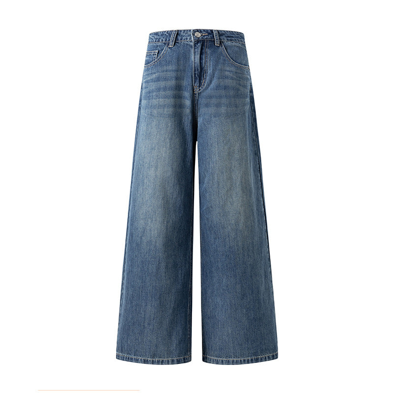 Vintage Blue Wide-Leg Jeans for Women - High Street High-Waist Slimming Loose Straight Ankle-Length Pants