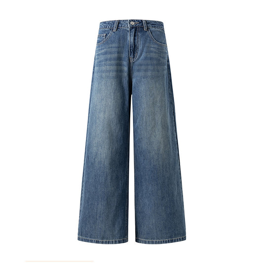 Vintage Blue Wide-Leg Jeans for Women - High Street High-Waist Slimming Loose Straight Ankle-Length Pants