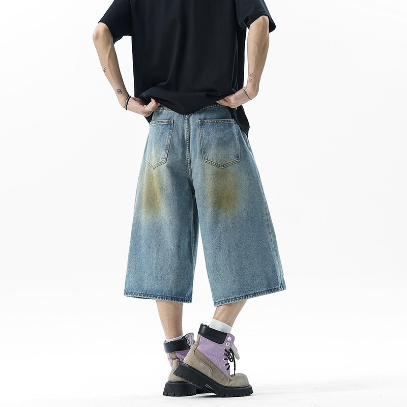 Vintage Wear and Tear Denim Shorts - 7 Inch Loose Wide Leg Pants