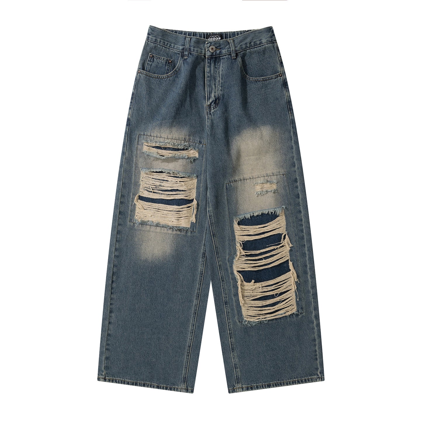 Ripped Denim Washed Tassel Loose Straight Leg Wide Leg Pants