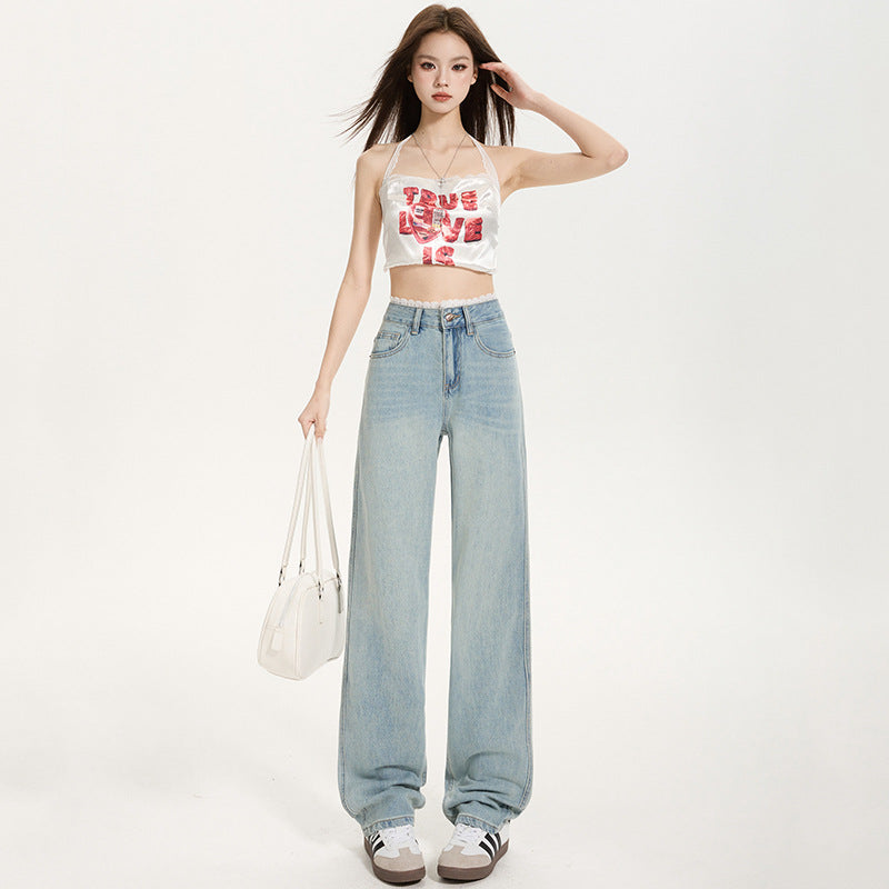 Light Blue Slim Straight Jeans for Women - Versatile Lace Hem Wide Leg Pants