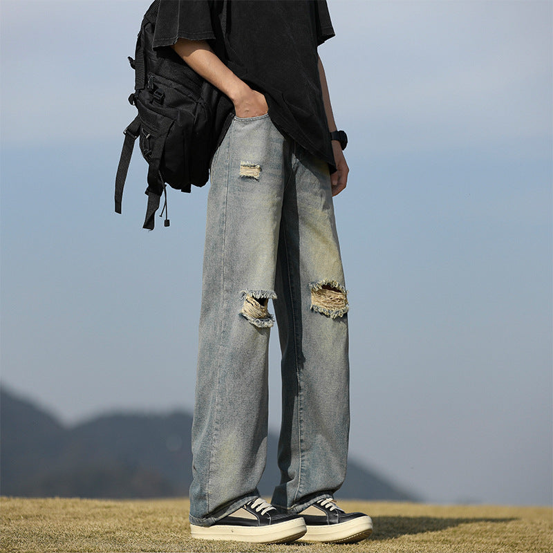 Men's Loose Wide Leg Long Trousers - Vintage Blue