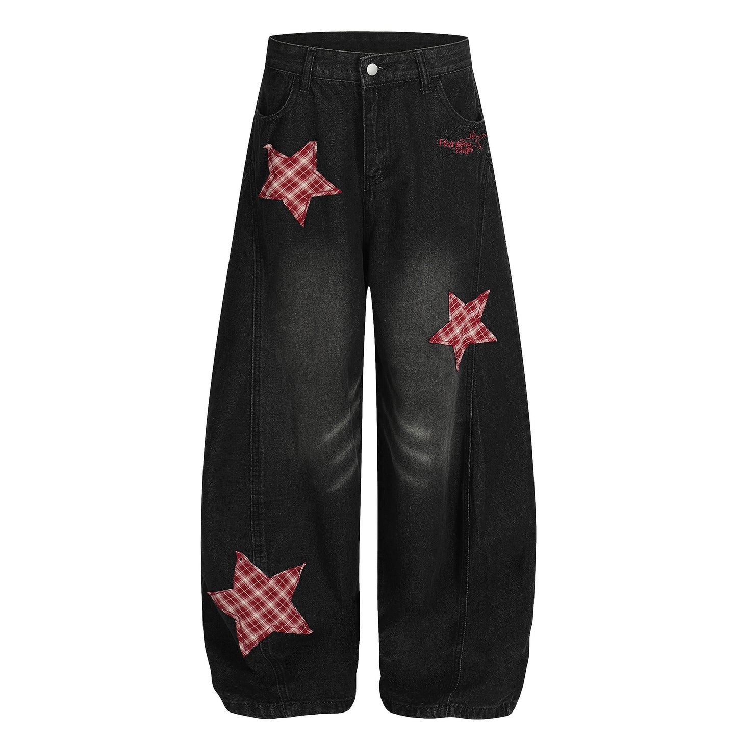 Retro Curved Knife Denim Wide Leg Pants with Star Embroidery
