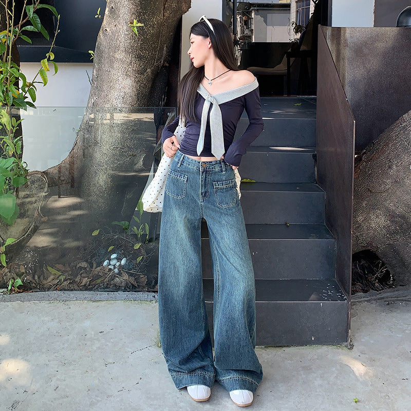 High-Waist Wide-Leg Denim Jeans for Women – Slimming Dark Blue Trousers