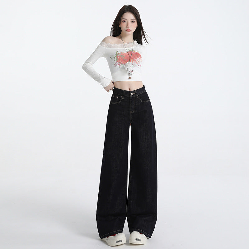 Women's Dark Blue High Waist Loose Straight Leg Jeans - Versatile Comfort