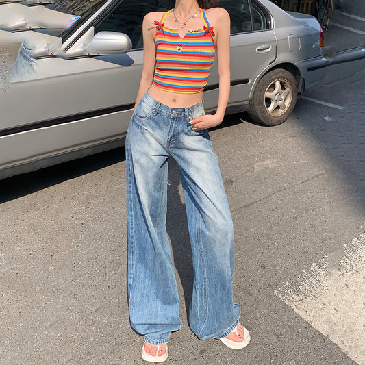 Women's Cracked Wash Blue Loose Vintage Straight Floor-Length Pants