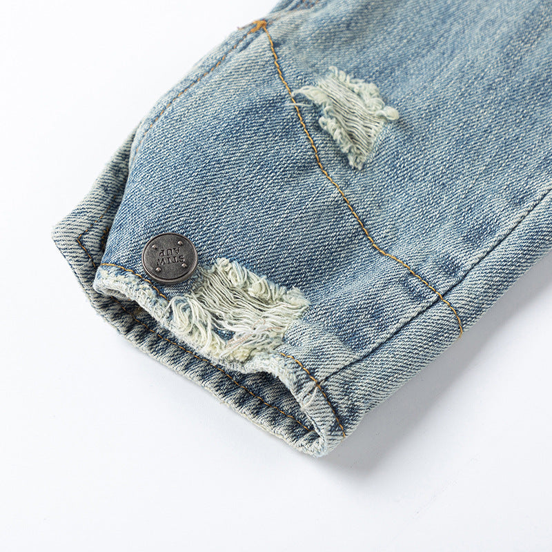 Punk Washed Distressed Denim Jacket - Men's Color Block Vintage Workwear