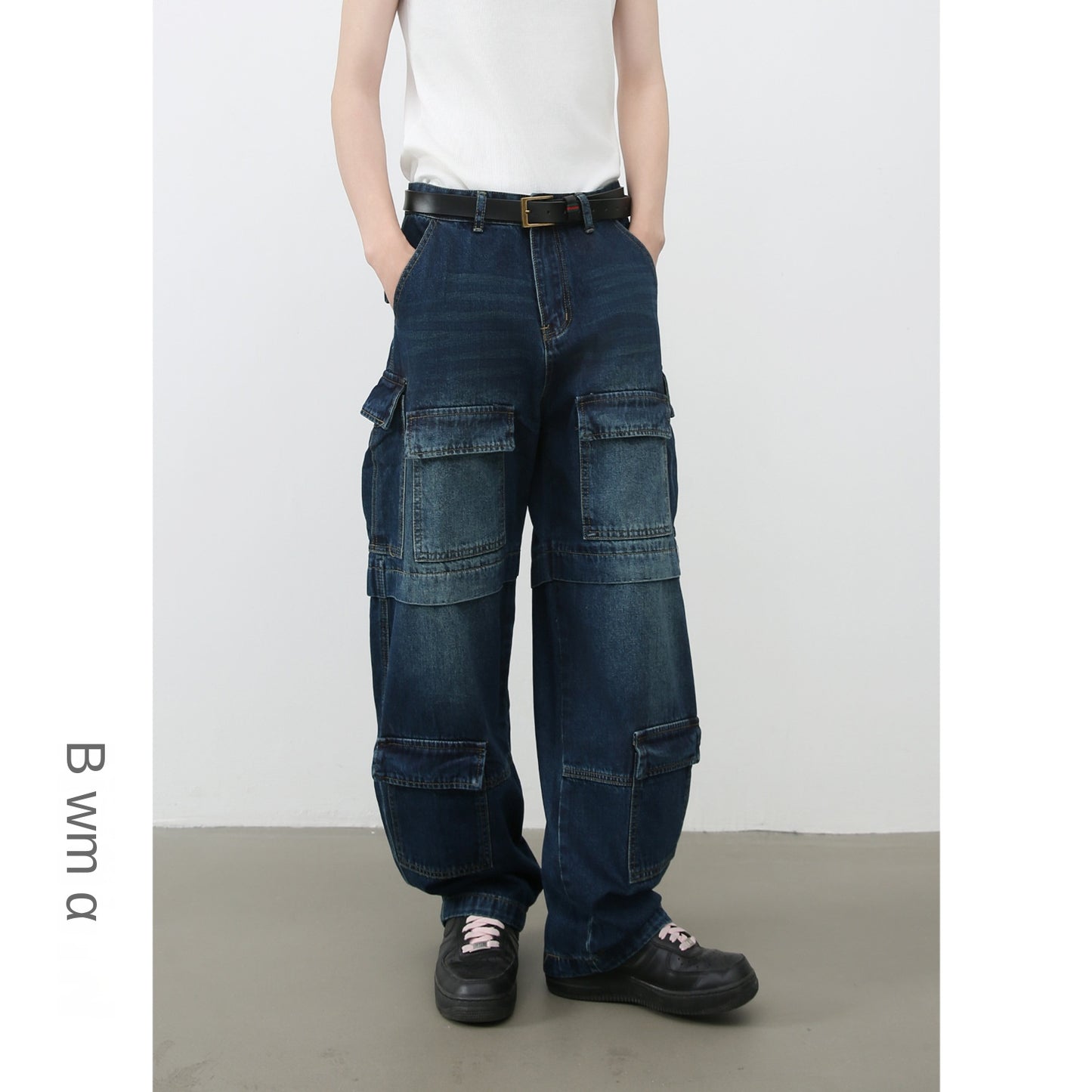 American Style Washed Patchwork Multi-Pocket Loose Straight Leg Jeans for Men