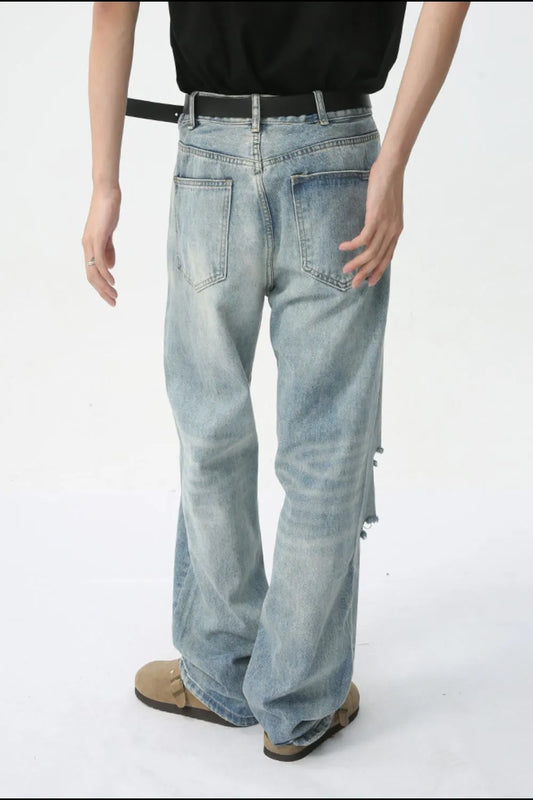Distressed Wide Leg Jeans - Premium Japanese Denim
