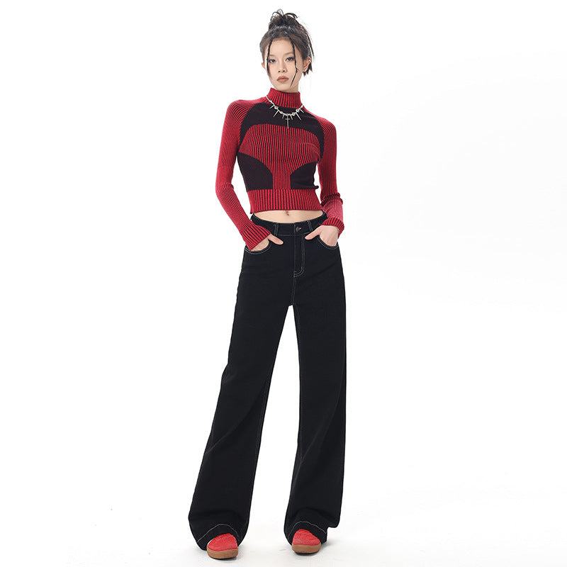Women's Black Retro Wide Leg Jeans - Trendy Loose Floor-Length Pants