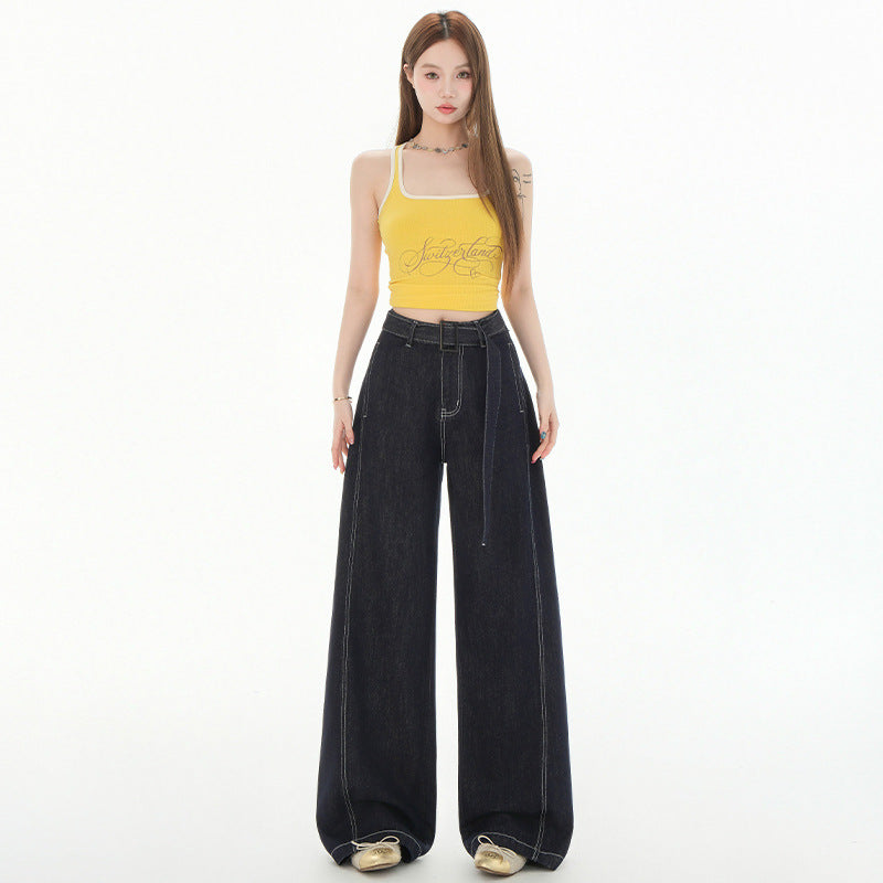 Women's Denim Blue High-Waisted Wide-Leg Knife-Edge Pants