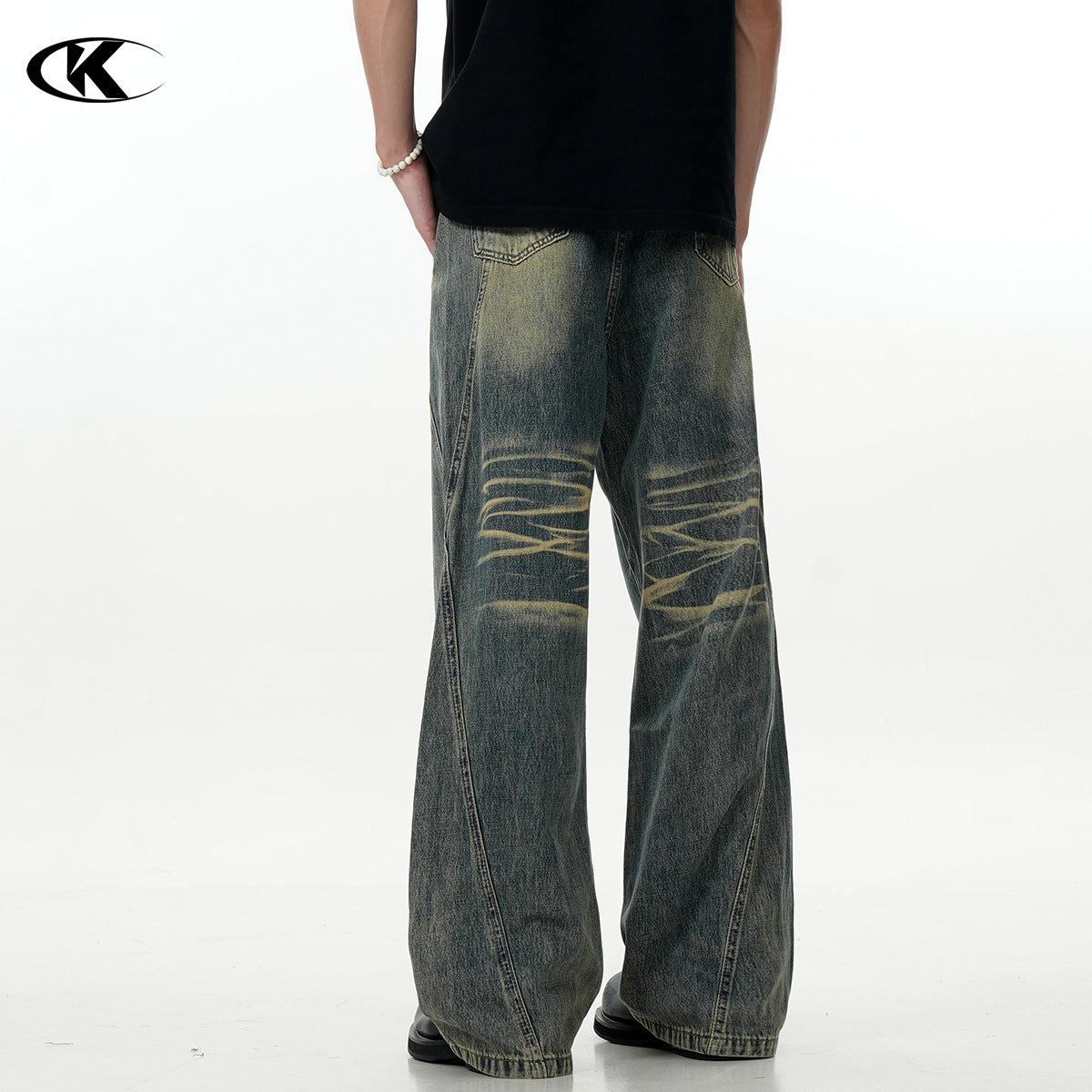 Blue Flared Jeans with Deconstructed Design - Faded Trendy Slim Straight Casual Long Pants