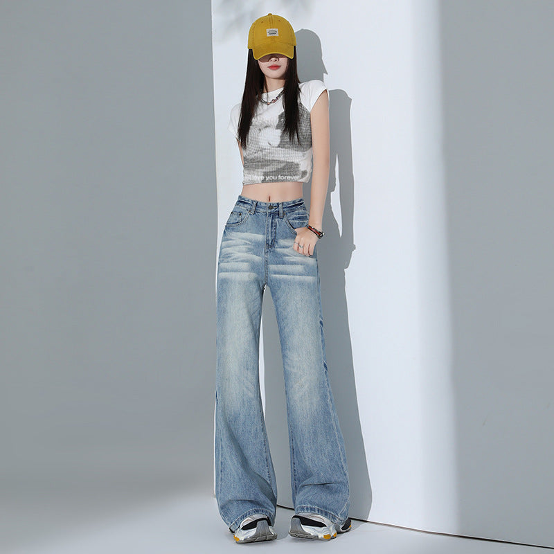 Women's Distressed Wide-Leg Flared Denim Pants - High-Waisted Floor-Length Trousers