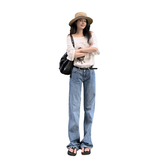 Women's Low Waist Washed Narrow Straight Cigarette Jeans
