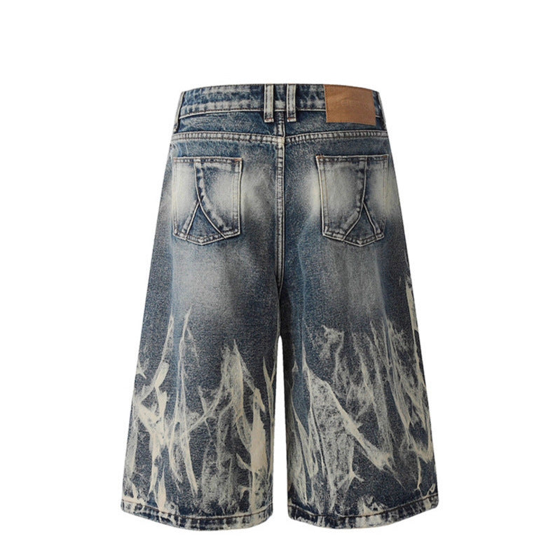 Lightning Patterned Denim Seven Quarter Shorts for Modern Street Style