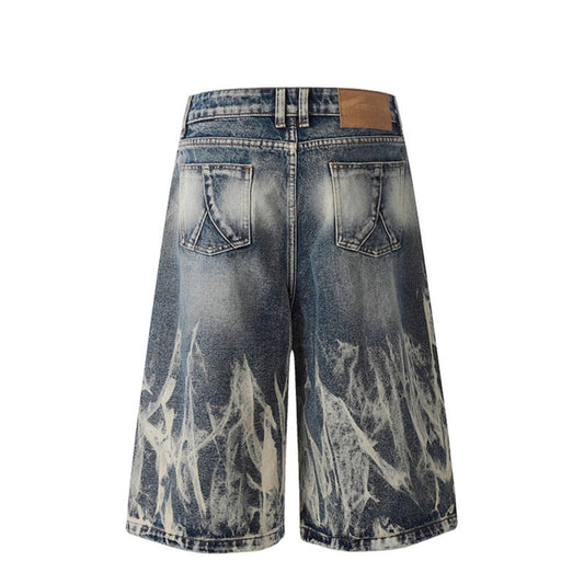 Lightning Patterned Denim Seven Quarter Shorts for Modern Street Style