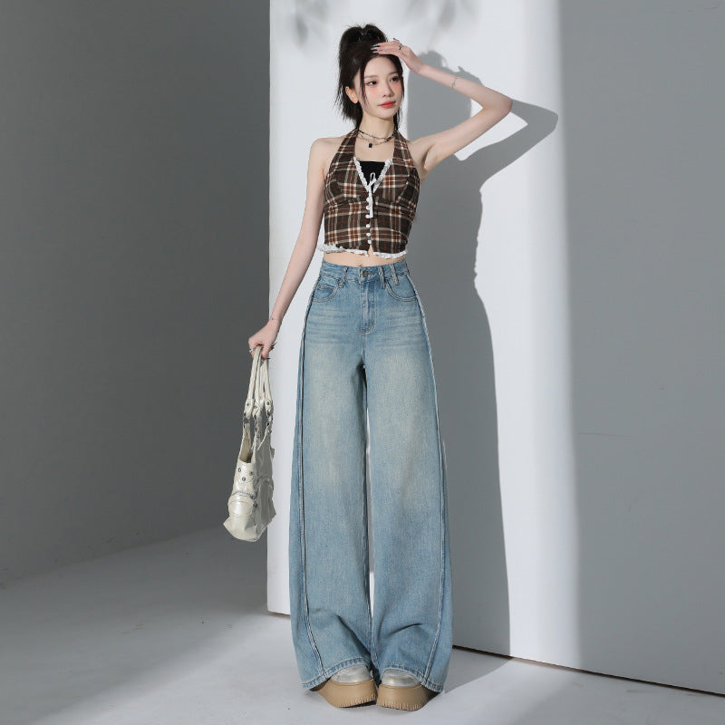 Light Blue Tencel Wide-Leg Jeans for Women - High-Waist Loose Straight Floor-Length Pants