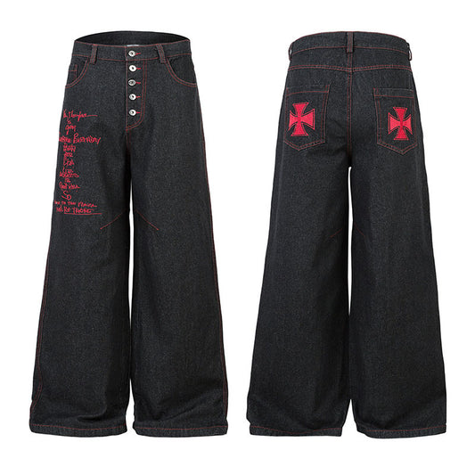 Men's Original Color Letter Embroidery Wide Leg Denim Jeans