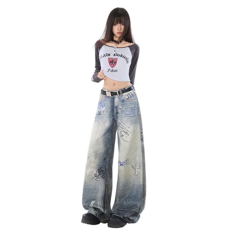 Graffiti Distressed Hand-painted Print Light Blue High Waist Wide Leg Jeans