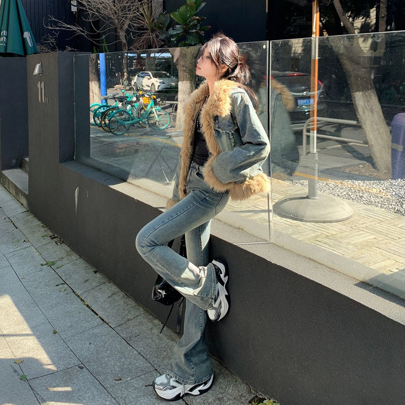 Women's Flared Jeans Double Button Elastic Fitted Versatile Flare Pants