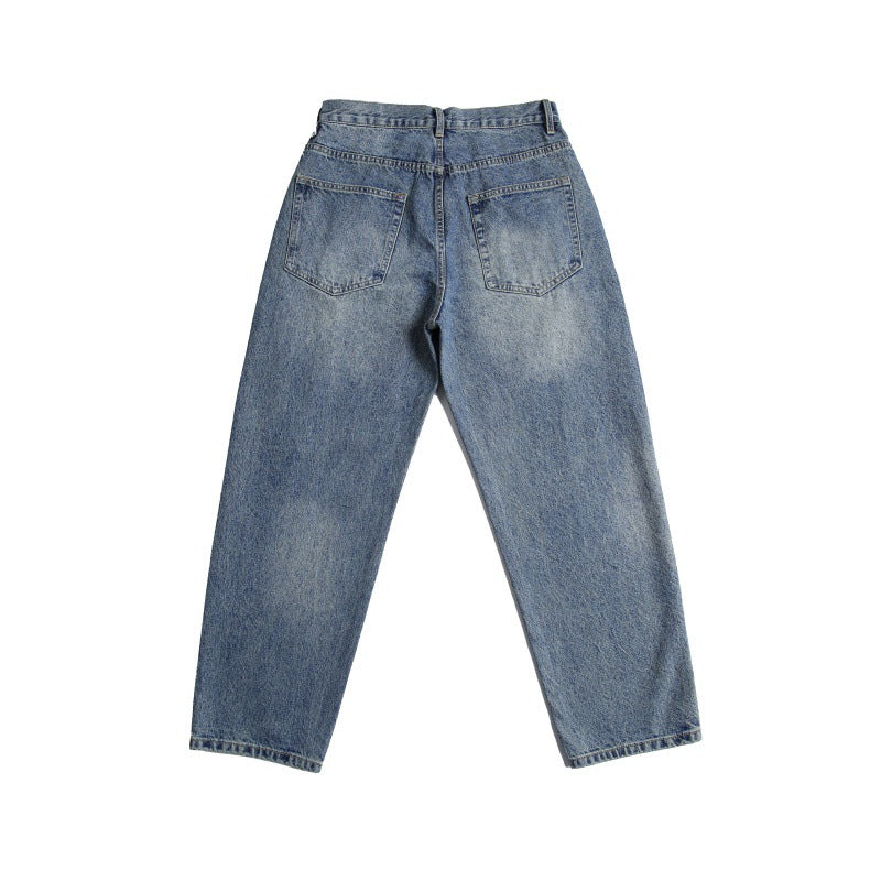 Premium Japanese Retro Light Denim Wear-Resistant Jeans with Red Handmade Patches