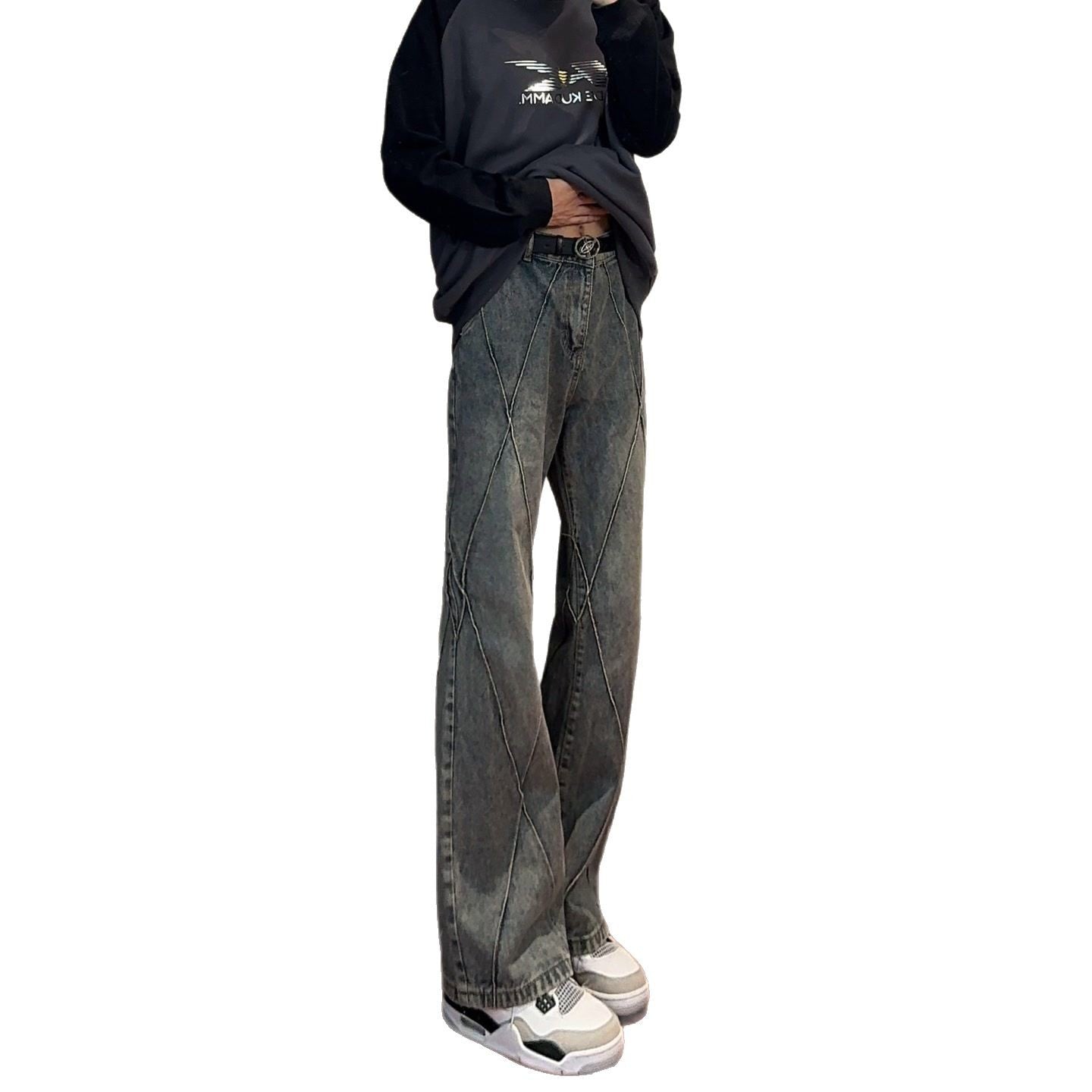 Retro Patchwork Split Straight Leg Jeans