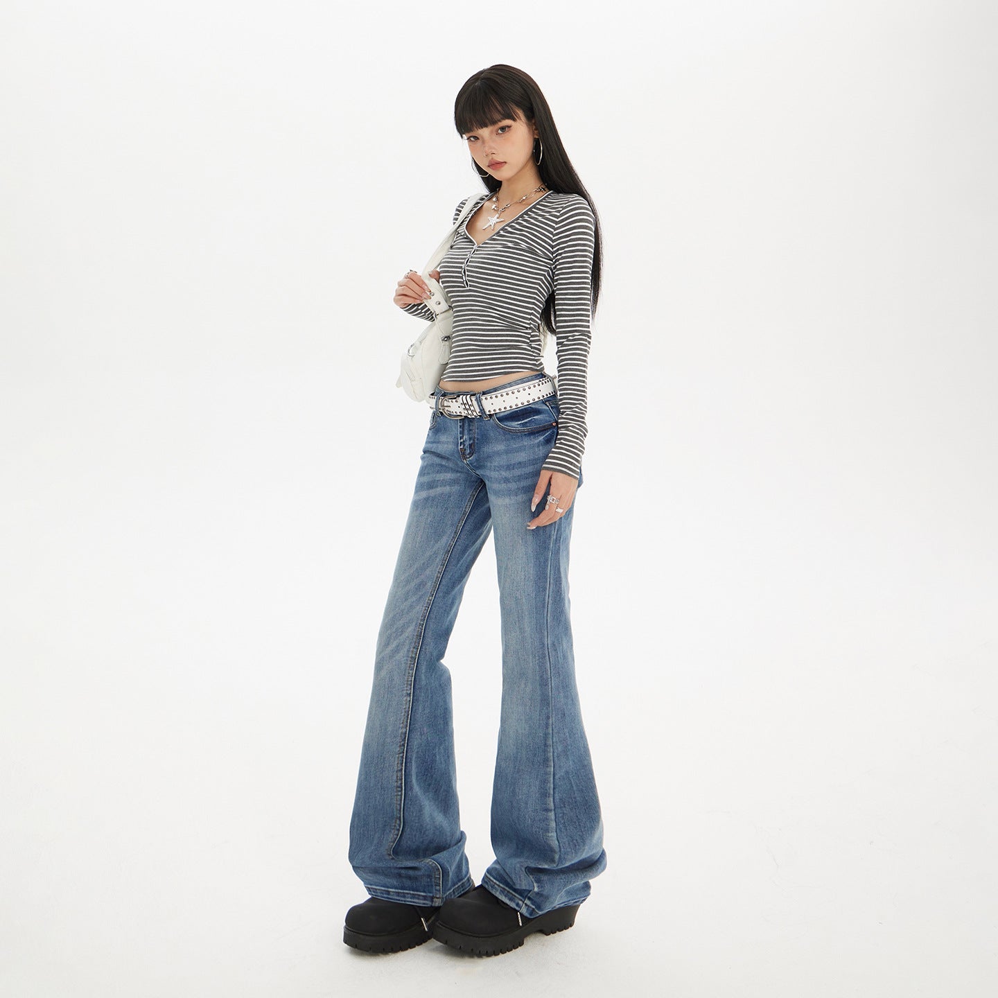 Women's Retro Blue Low Waist Denim Flare Pants