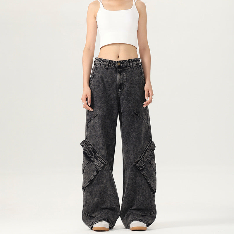 Women's Black and Gray Washed Denim Pants - Irregular Wide-Leg Trousers