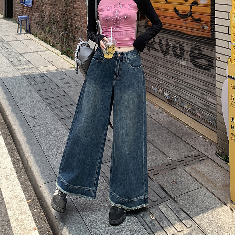 Retro Denim Ankle-Length Pants for Women - High Waist Loose Straight Leg Trousers