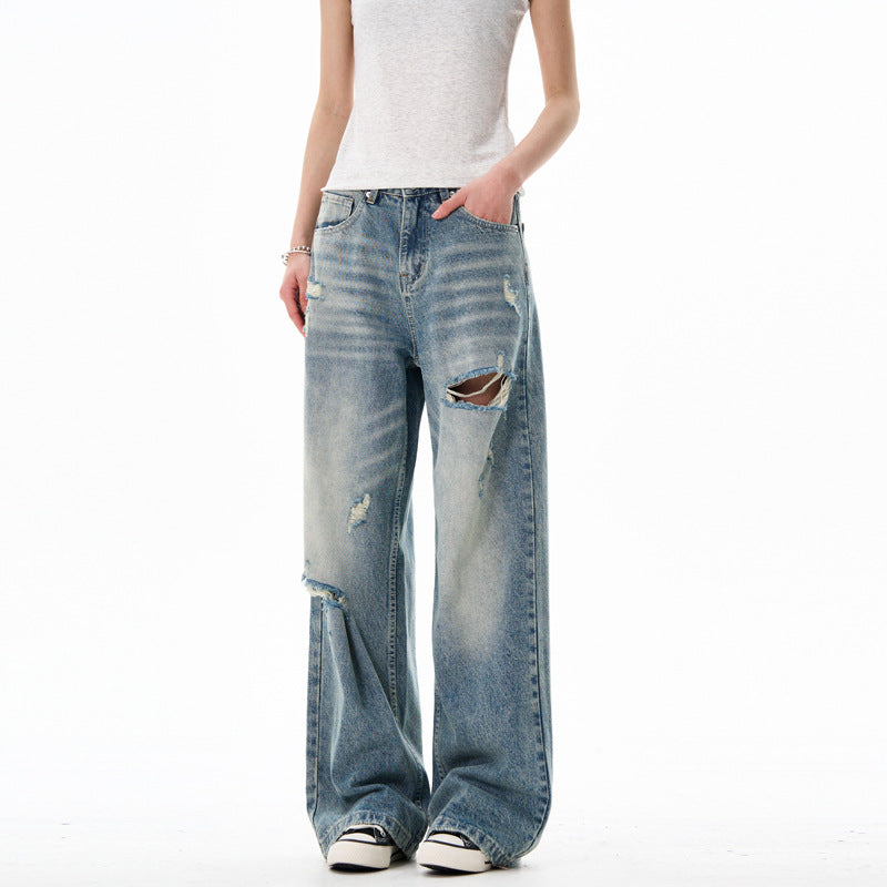 Loose Casual Ripped Straight Leg Wide Leg Pants