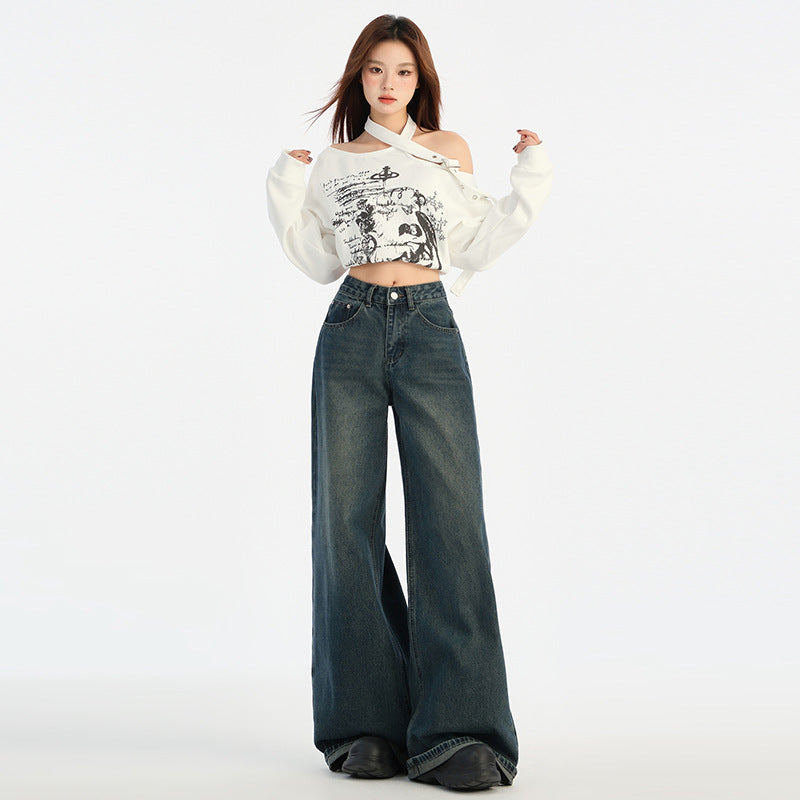 Vintage Wide-Leg Straight Jeans for Women - High-Waist Loose Fit
