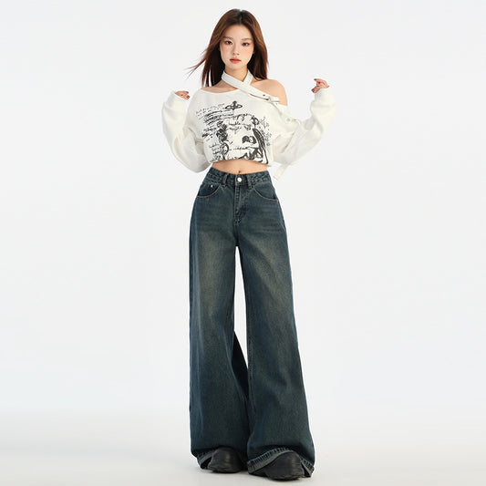 Vintage Wide-Leg Straight Jeans for Women - High-Waist Loose Fit