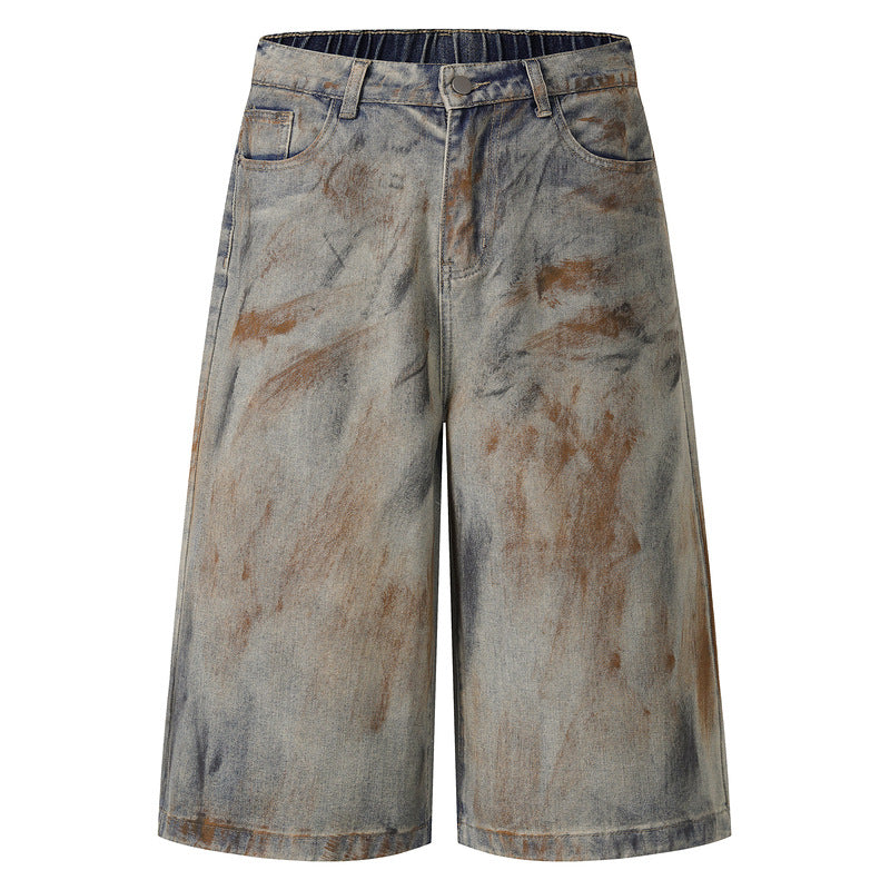 Men's Loose Washed Denim Pants with Pocket Design - Three-Quarter Length Trousers