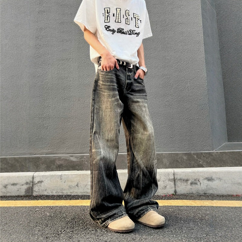 Washed Retro Distressed Black Gray Denim Straight Leg Wide Leg Long Pants
