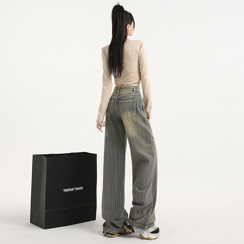 Distressed Stripe Denim Pants for Women - Fashionable Straight Leg Wide Leg Trousers