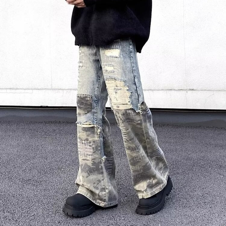 Retro Camouflage Fashion Destructive Micro Lacquer Work Clothes Jeans