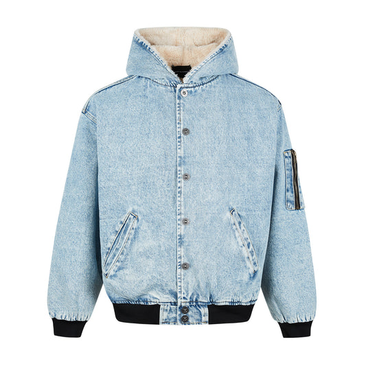 Rabbit Fur Mountain Carving Denim Blue Snowflake Pattern Jacket for Men and Women