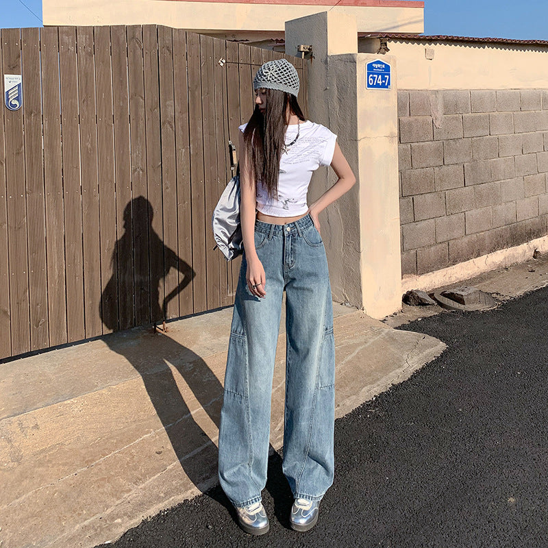 Women’s High-Drop Crotch Wide-Leg Workwear Denim Pants