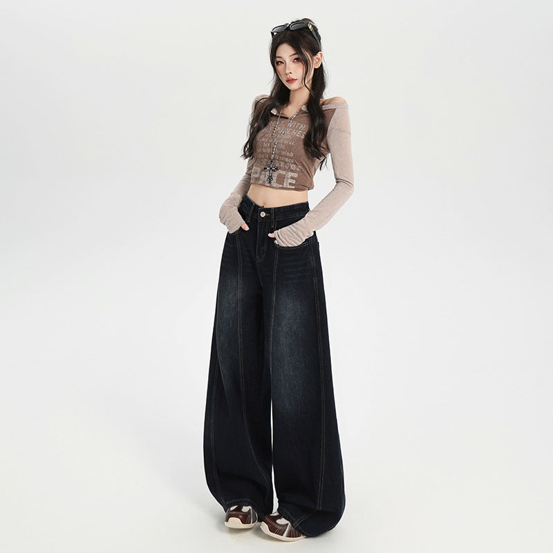Retro Washed Loose Embroidered Tapered Denim Pants for Women