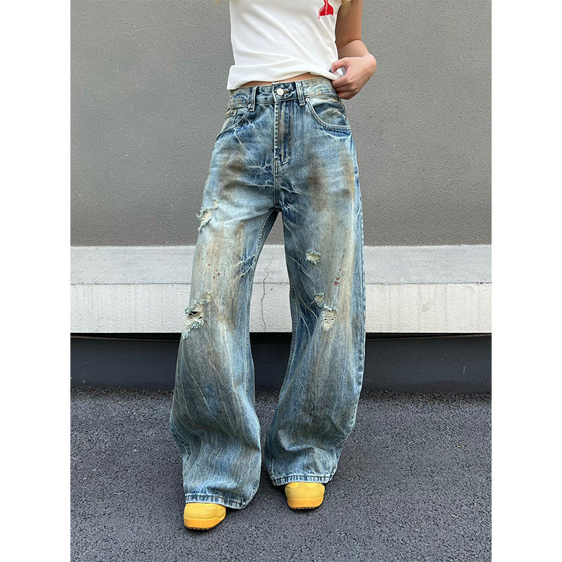 Ripped Denim Loose Straight Leg Wide Leg Curved Knife Pants