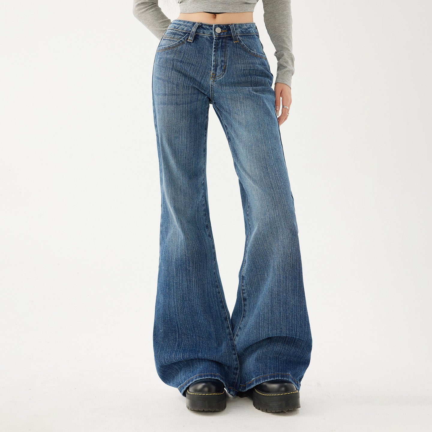 Women's Pattern Low Waist Flared Jeans - Non-Clinging Loose Trumpet Pants