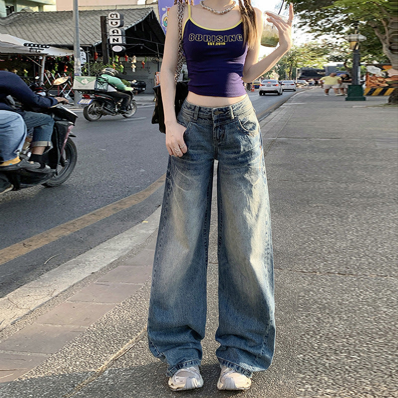 Retro Low-Waist Denim Pants for Women - Sexy Slim Wide-Leg Loose Trumpet Pants