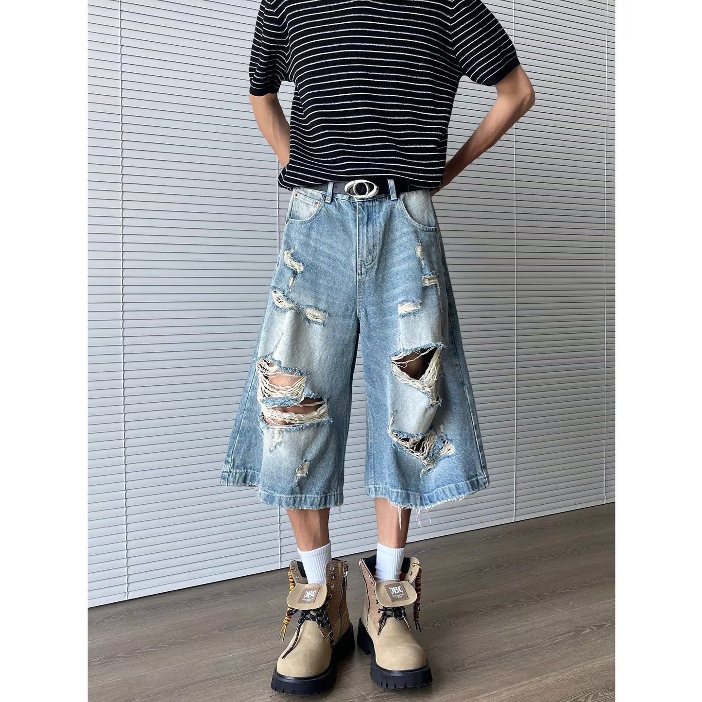Ripped Denim Seven-Part Washed Distressed Wide Leg Shorts