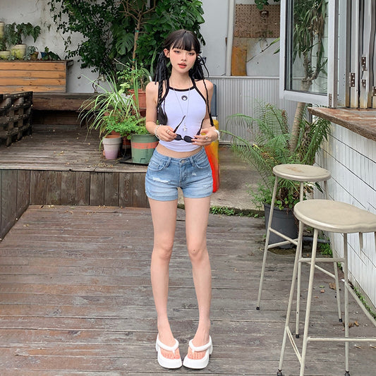 Low Waist Distressed Denim Shorts for Women - Spicy Girl Elastic Cuffed A-Line Hot Pants - Petite Sizes