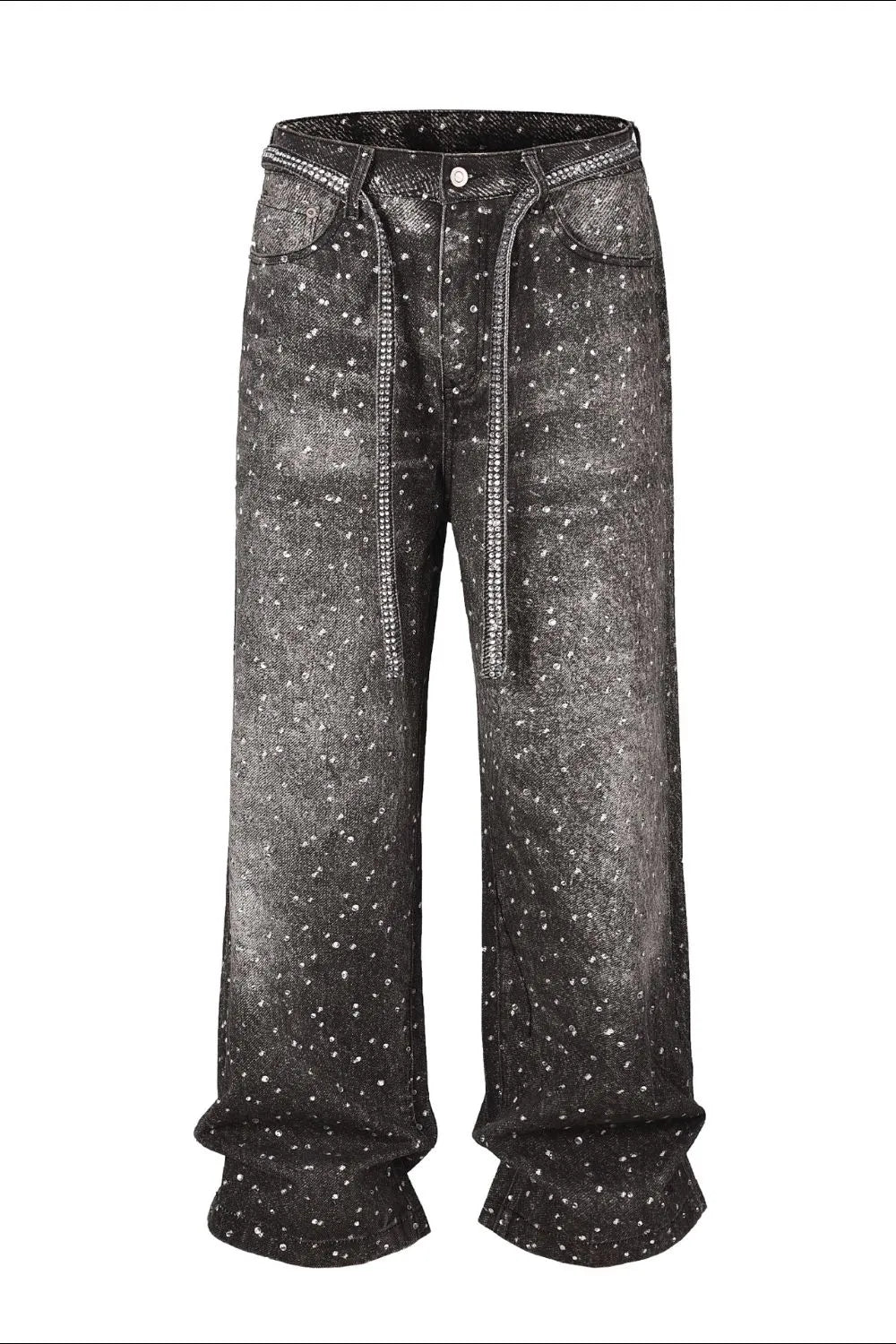 Washed Loose Wide Leg Printed Jeans with Full Diamond Drop Design