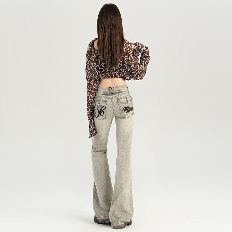 Women's Design Low Waist Flared Jeans - Versatile Floor-Length Pants