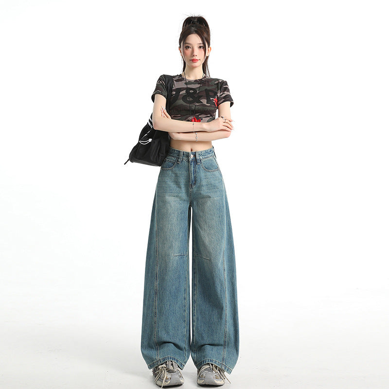 Vintage Blue High Street Loose Wide Leg Jeans for Women - Unique Patchwork Design