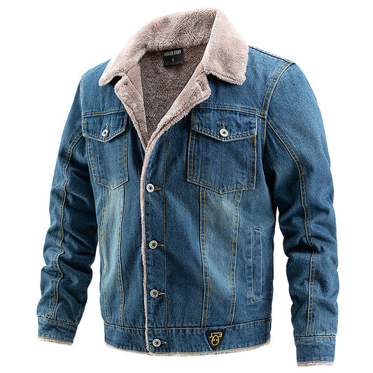 Men's Thick Plush Denim Jacket for Casual Wear