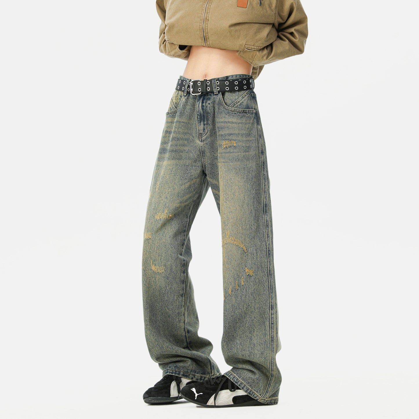 Distressed Straight Leg Jeans for Men - Loose Wide Leg Casual Trousers