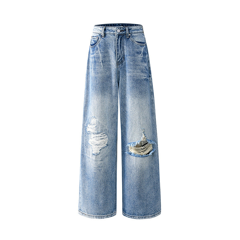 Women's Ripped Straight Leg Jeans - Washed Vintage Loose Wide Leg Pants